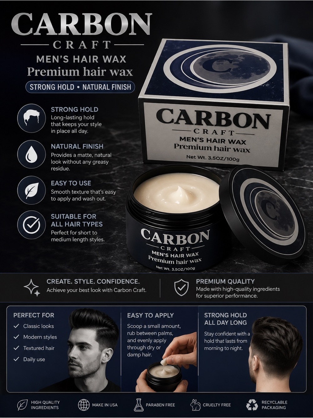 CARBON Men’s Hair Wax - Premium Strong Hold